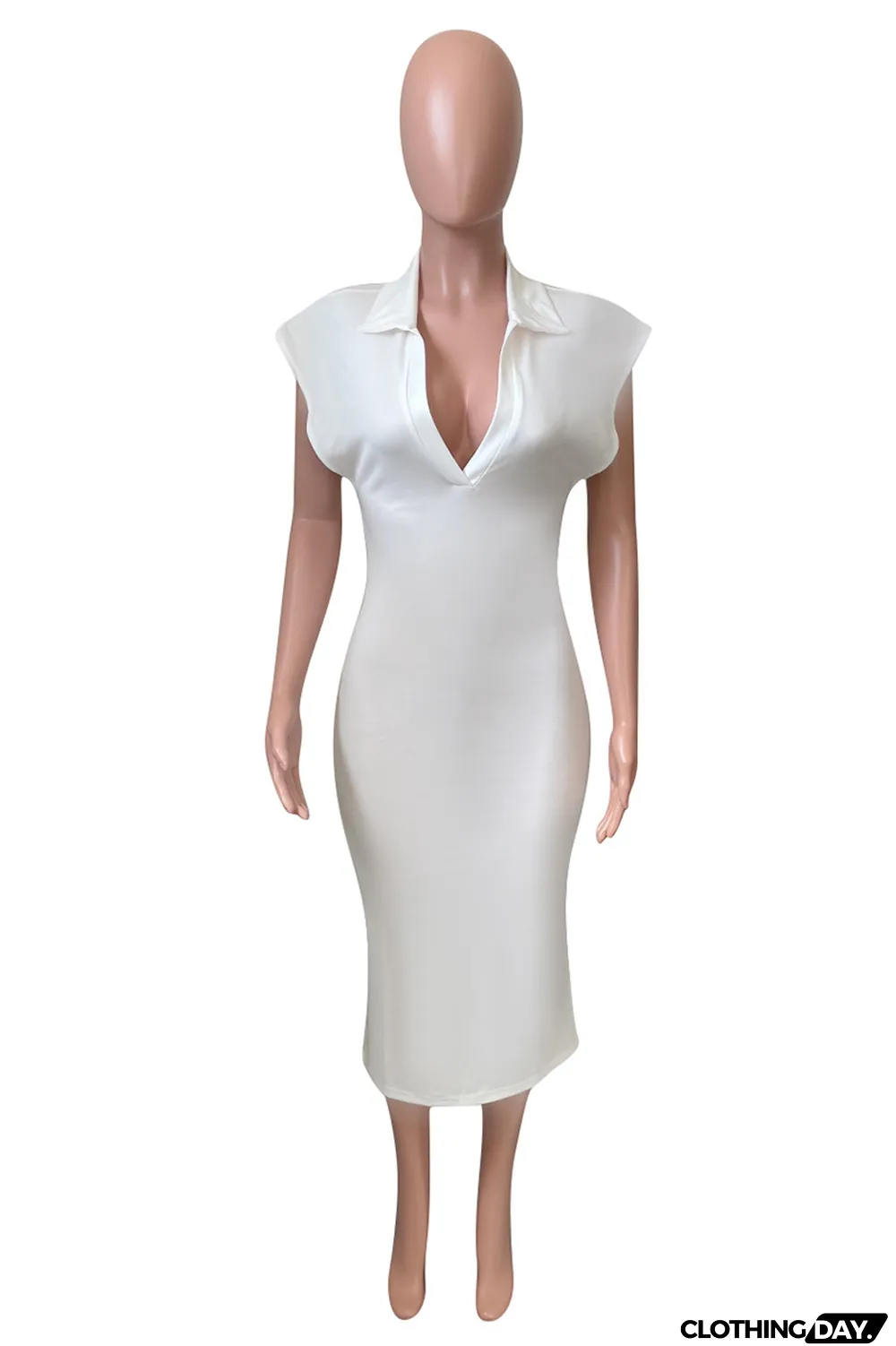 Pink Fashion Casual Solid Basic Turndown Collar Sleeveless Dress