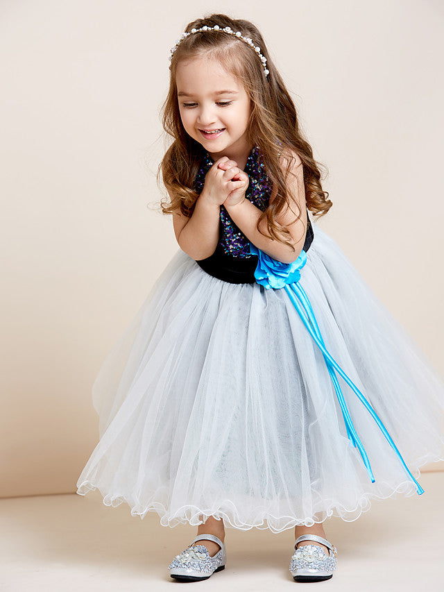 A-Line Tea Length Tulle / Sequined Sleeveless Jewel Neck With Sash / Ribbon / Sequin / Draping / Mini Me