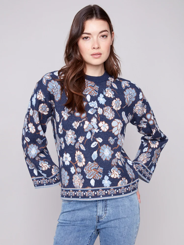 Crew Neck Jacquard Sweater - Floral
