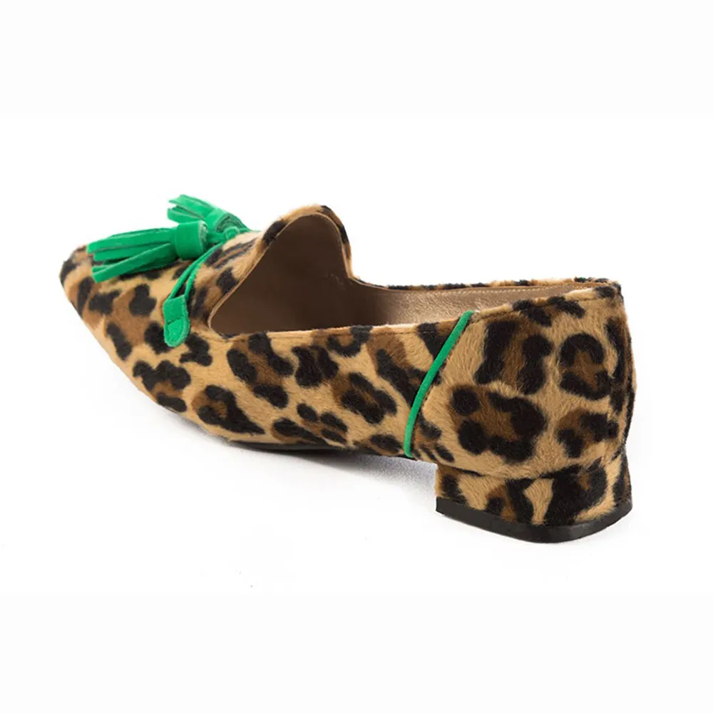 Leopard Print Round Toe Tassel Decor Loafer Flat Shoes Women