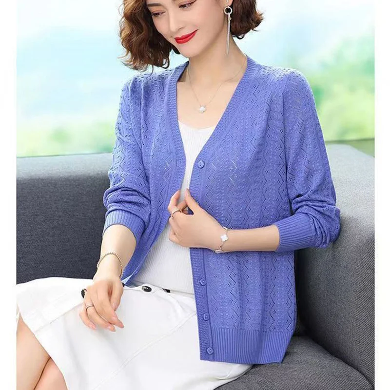 Toloer Toloer Summer Empty Hollow Coat Casual Long Sleeve Loose Knit Cardigan Women's V-Neck Thin Top-Outfit Ideas