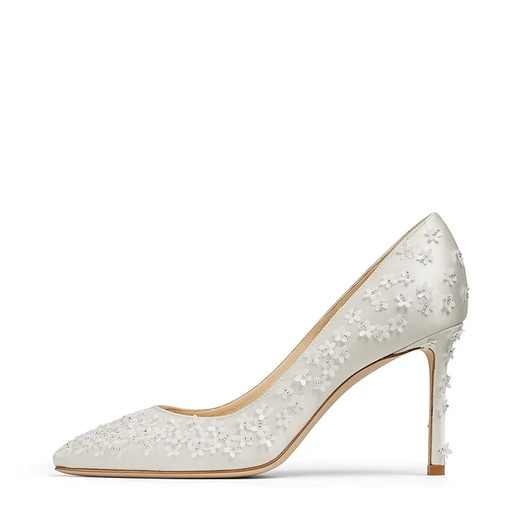 Ivory Satin Stiletto Heels Pumps with Flowers Embroidered |FSJ Shoes