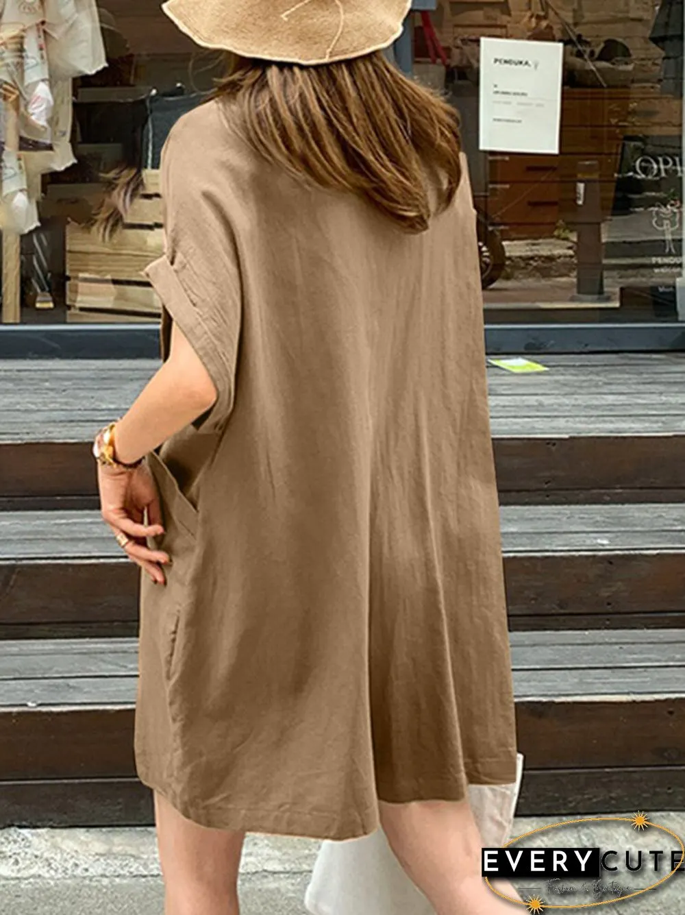 Solid Loose Pocket Button Lapel Short Sleeve Romper