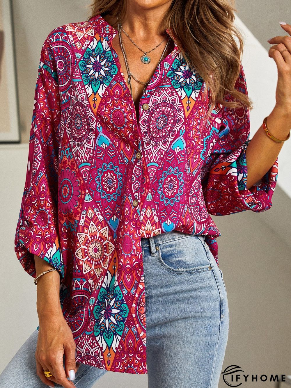 Ethnic 3/4 Sleeve Buttoned Casual shirt Tunic | IFYHOME