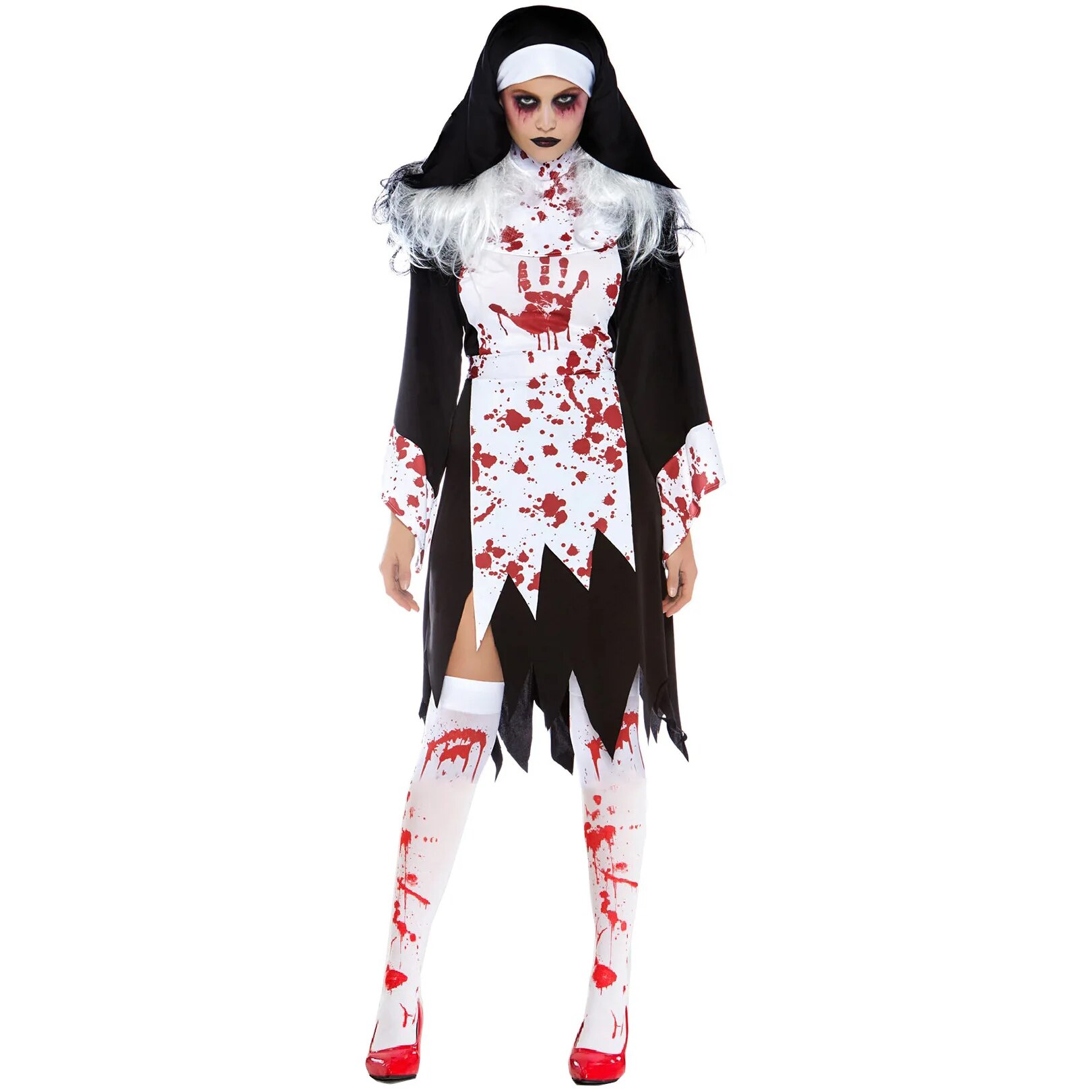 [Wetrose] In Stock Bloody Nun Cosplay Costume Scary Evil Devil Zombie Vampire Ghost Phantom For Woman Ripped Halloween Full Set