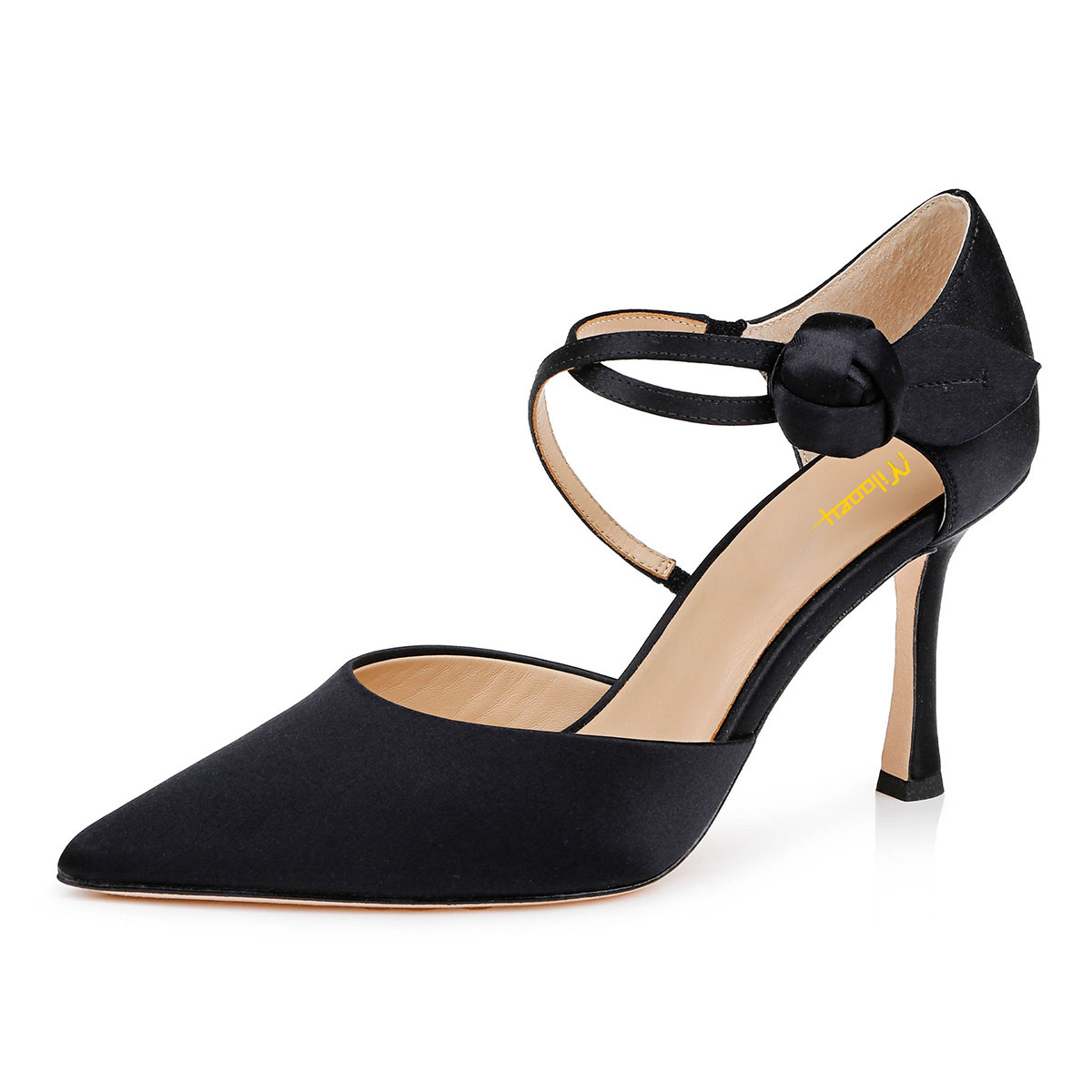 Satin Flower Ankle Strap Pointed Toe Black Pumps with Stiletto Heel Nicepairs