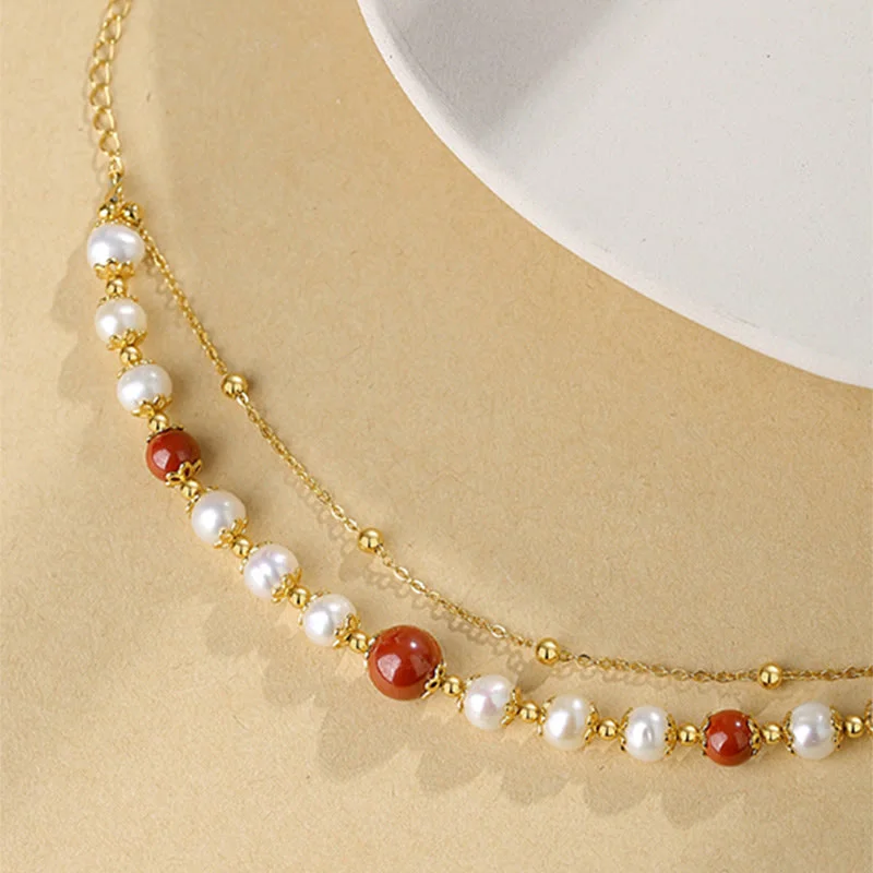 925 Sterling Silver Pearl Cinnabar Wisdom Bead Double Layer Chain Bracelet
