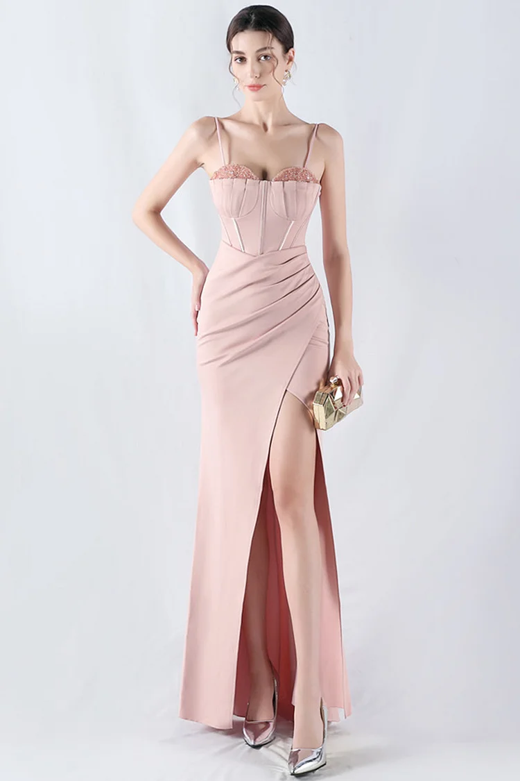 Prom Pink Rhinestone Fishbone Slit Cami Maxi Dress