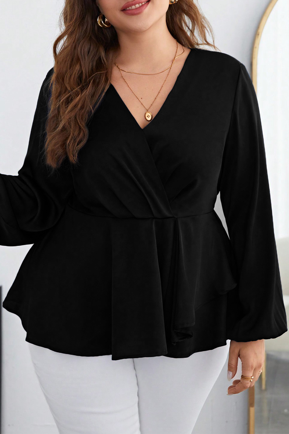 Plus Size Everyday Black Chiffon Wrap Puff Sleeve Peplum Blouse