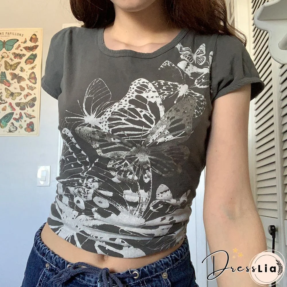 Butterfly Print Slim Cropped Round Neck Short-Sleeved Top