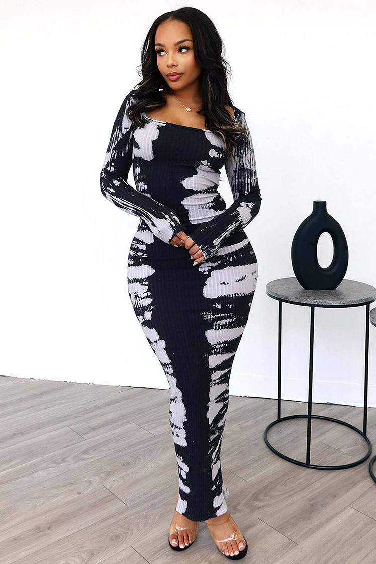 Knit Ink Print Square Neck Long Sleeve Bodycon Sweater Maxi Dresses-Black