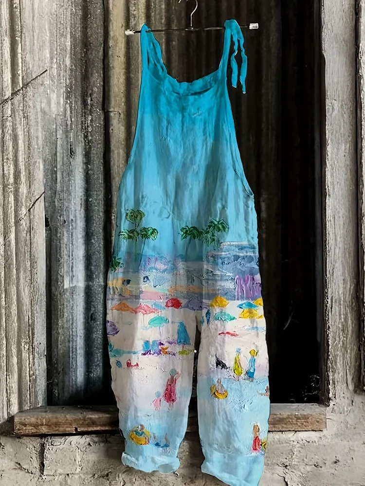Women's Floral Print Wide-Leg Jumpsuit | Casual Polyester-Spandex Blend | Vibrant Beach Scene Digital Print | Loose Fit With Tie Shoulder Straps | Non-Stretch Fabric | Machine Washable | All-Season Comfort | Multi-Color Design