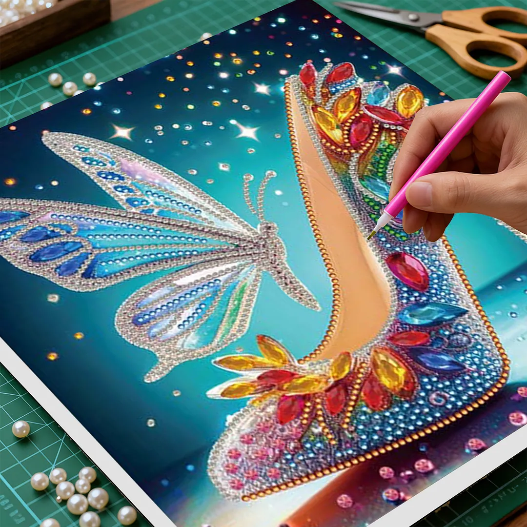 High Heel DIY Special Shape Drill Art Craft Pearl Diamond Painting with Frame 25x25cm Diamond Art Pearl Painting Kit for Adults Beginners Home Decor