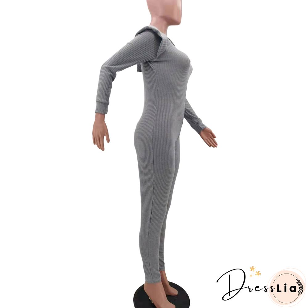Knitted Long Sleeve Shoulder Padded Hooded Jumpsuit