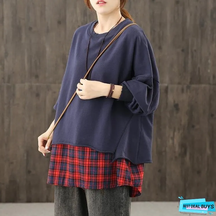 Women o neck patchwork fall tunic pattern Neckline navy shirts