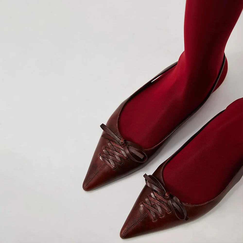 Maroon Vegan Leather Lace-Up Bow Slingback Pointed Toe Flats