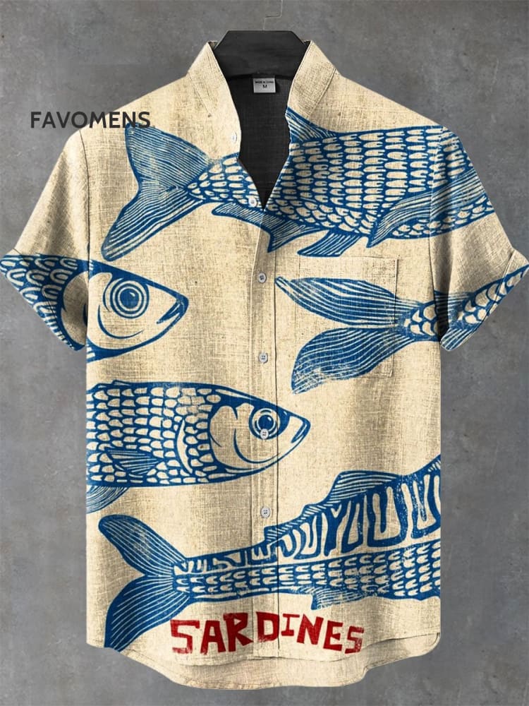 Vintage Fish Sardines Art Print Casual 100% Cotton Shirt Multicolor / S
