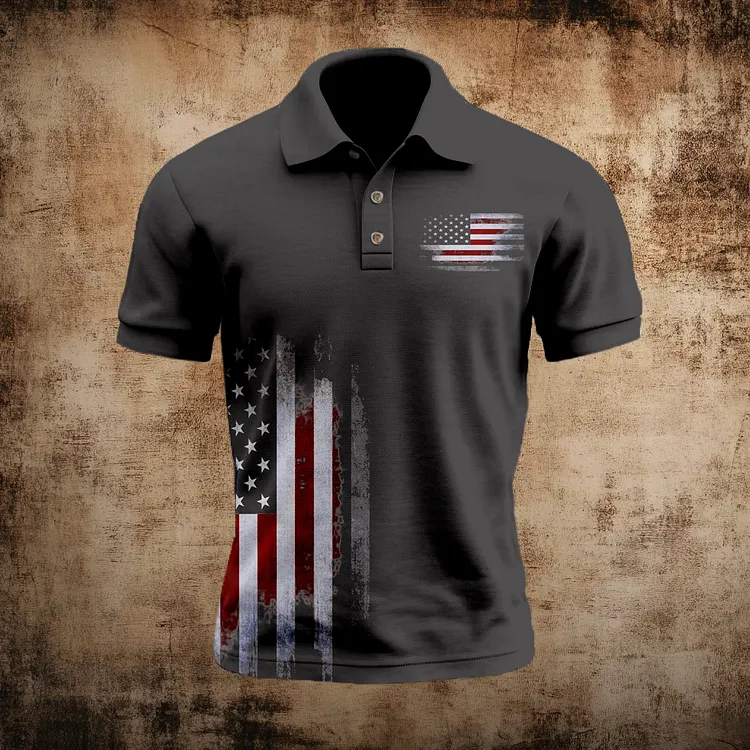 Men's American Flag Print Comfy Polo Shirt