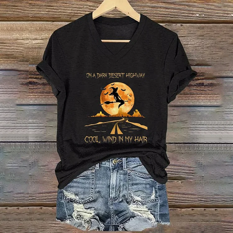 VChics Women's Halloween On A Dark Desert Highway Cold Wind In My Hair Printed Casual Tee