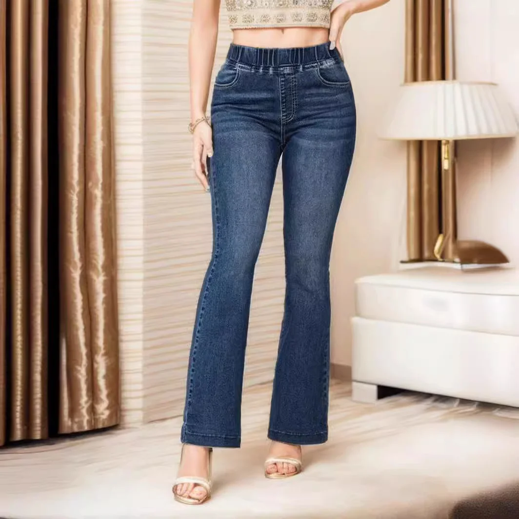 Women's Elastic Waist High Elastic Denim Jeans Flared Pant