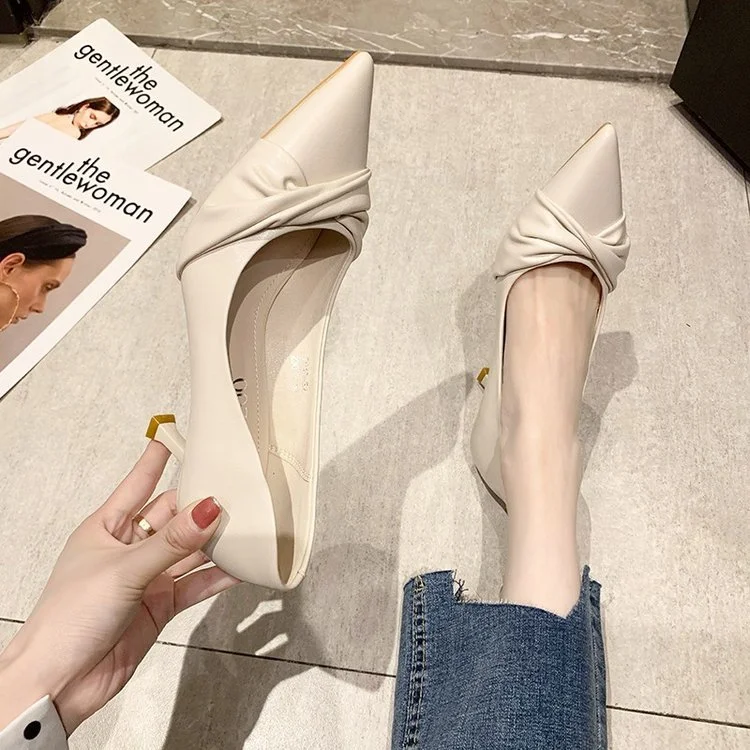 Wongn Wongn 2023 New Fashion Work Shoe Toe Fold Butterfly Bow Shallow High Heels Fine Heel Single Shoes Woman