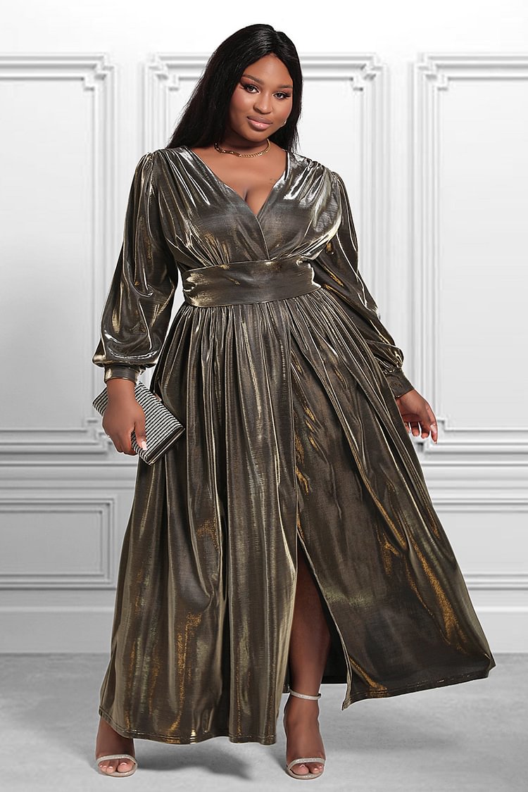 Xpluswear Design Plus Size Formal Golden Sparkle Split V Neck Puff Long Sleeve High Waist Maxi Dress