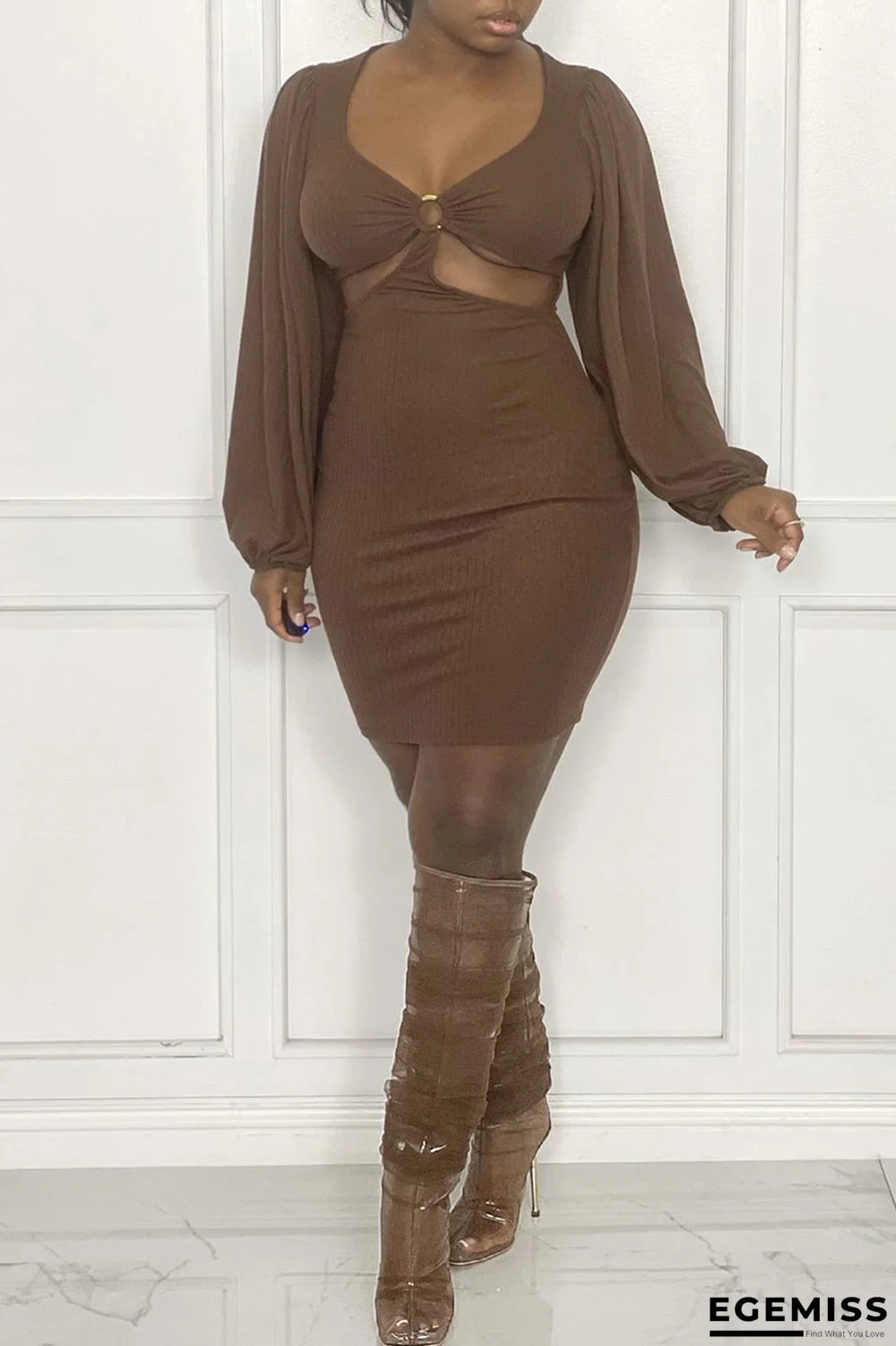 Coffee Sexy Solid Hollowed Out Patchwork U Neck Dresses | EGEMISS