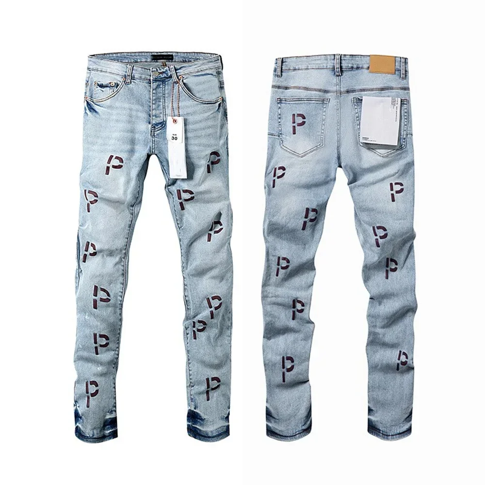 Wimaskel New Purples jeans American high street Retro wash hole patch trend straight Stylish low raise Elastic Skinny jeans brand pants