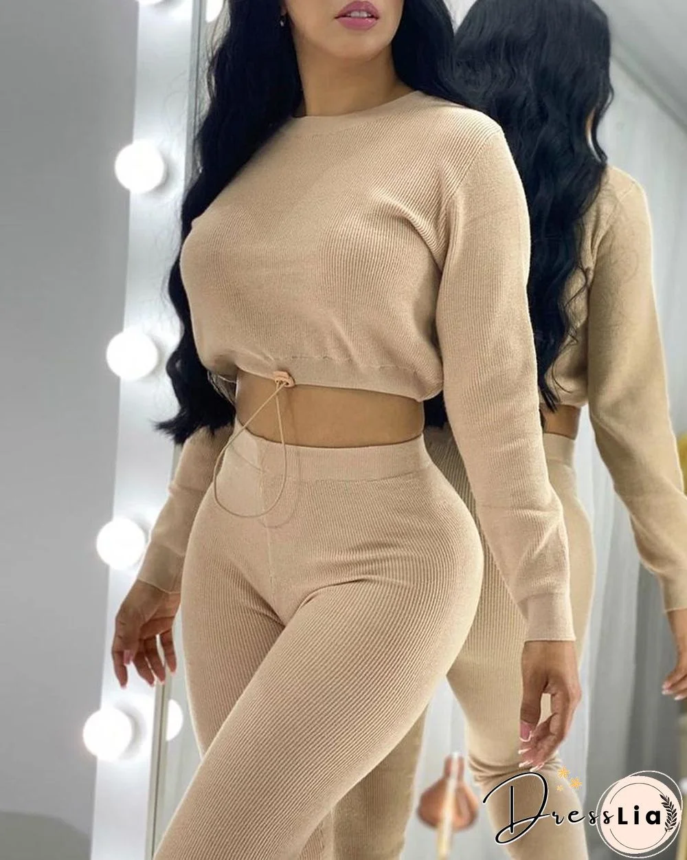 Plain Drawstring Long Sleeve Crop Top & High Waist Pants Set