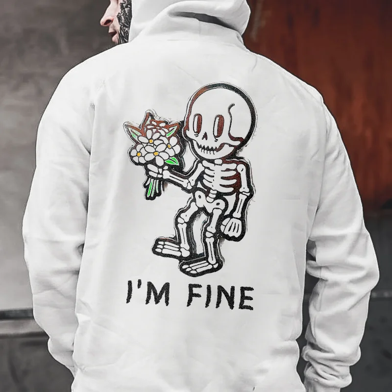 Skeleton I'm Fine Printed Men's Comfortable Hoodie - Krazyskull