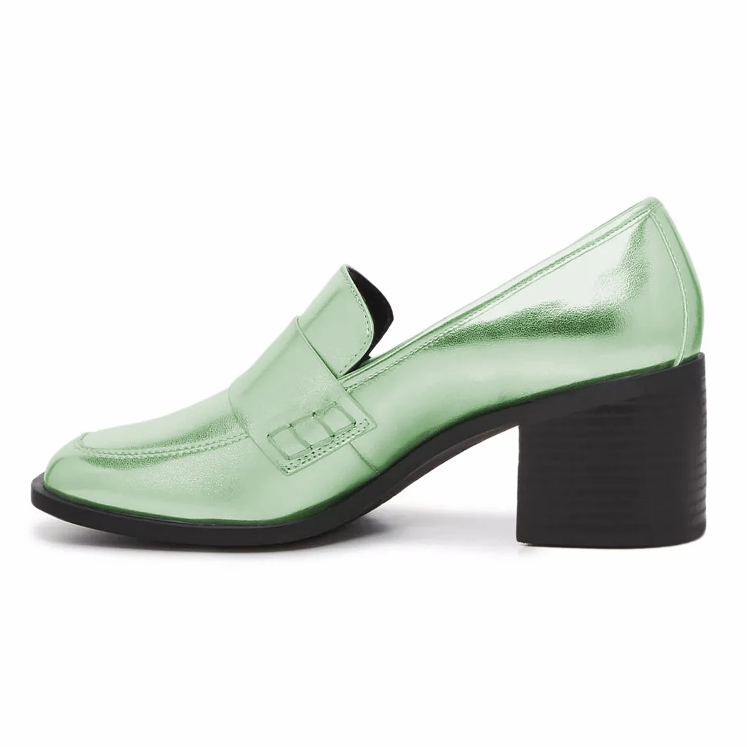 Simple Light Green Metallic Finish Square Toe Block Heeled Loafers