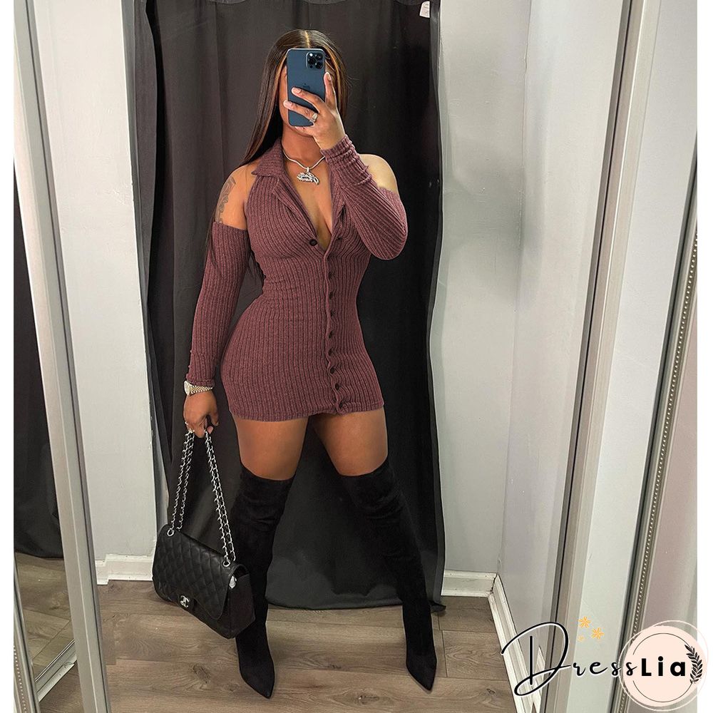 Autumn Ribbed Long Sleeve Lapel Bodycon Mini Dress