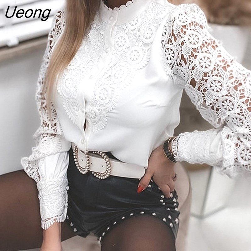 Ueong Sexy Lace Patchwork Hollow Out Shirt Fashion White Vintage Long Sleeve Tops Button Mesh Crochet Lace Blouse Women Blusas