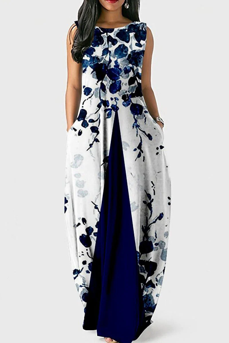 Tibetan Blue Casual Print Split Joint O Neck Lantern Dress Dresses
