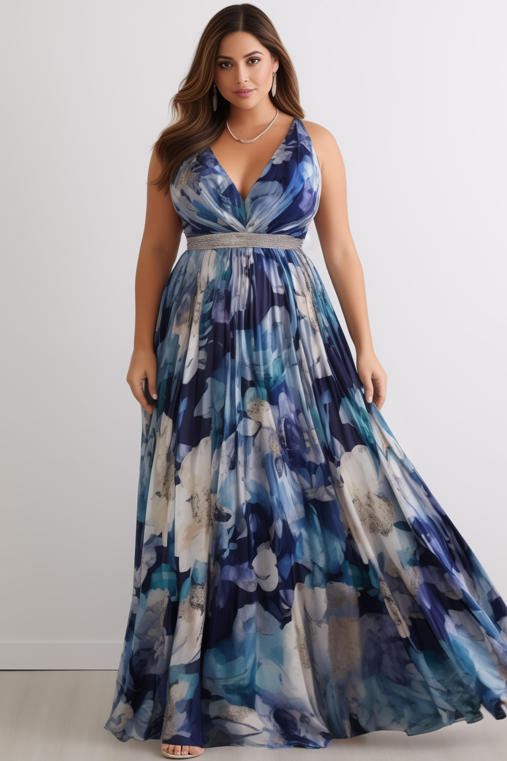 Flycurvy Plus Size Wedding Guest Blue Chiffon Floral Print Empire Waist Maxi Dress