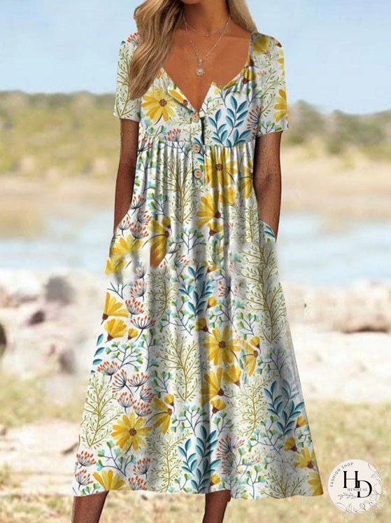 Dresses Printed V-Neck Button Short Sleeve Pocket Dress for Women