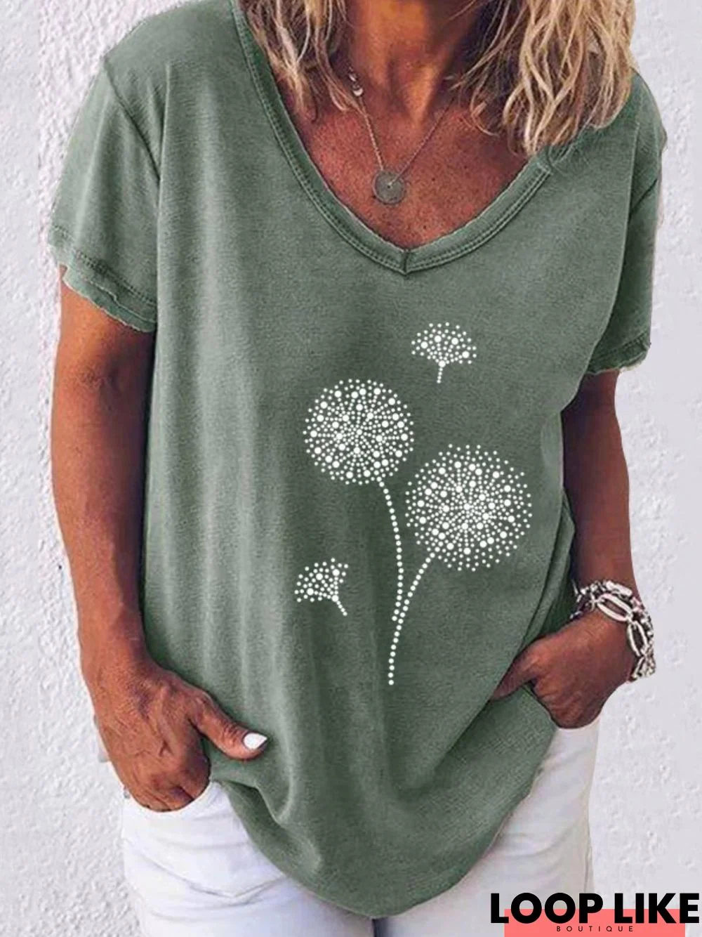 Floral Cotton-Blend Casual V Neck Tops