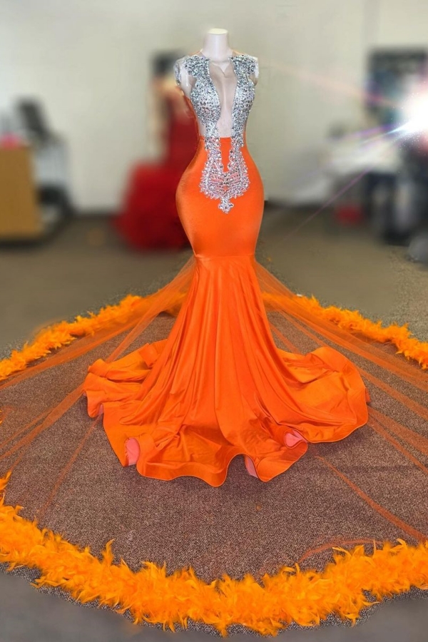 Dresseswow Orange Mermaid Prom Dress Sleeveless With Feather Crystal