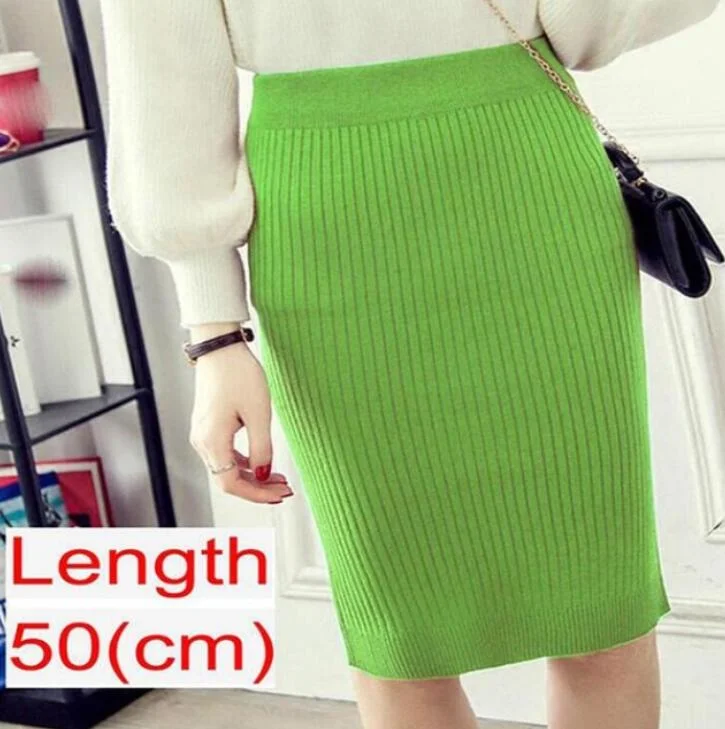 Women Knitted Pencil Skirts Slim Solid Basic Ladies Office High Waist Elegant Midi Skirt 2020 Autumn Winter Warm Womens Skirts