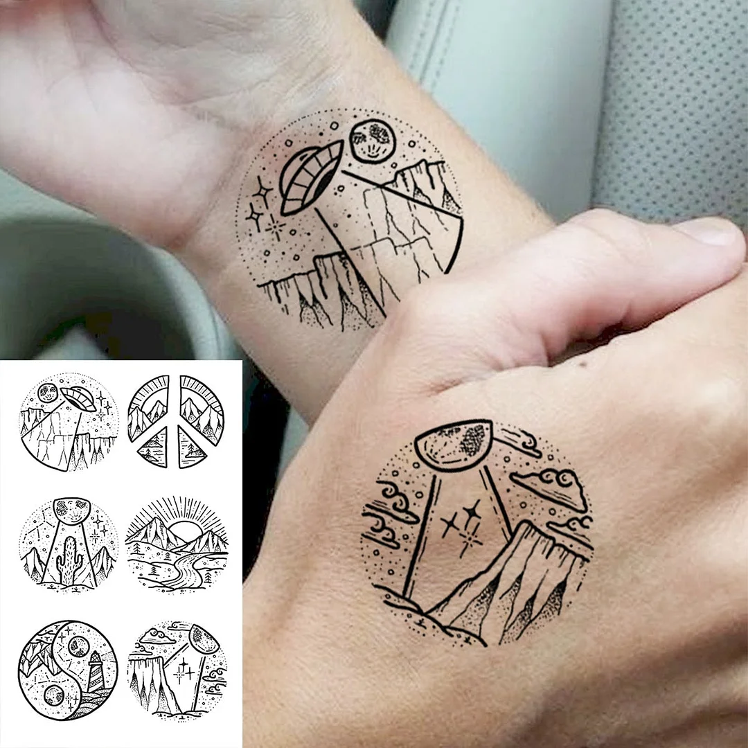 Black Round Totem Fashion Finger Temporary Tattoos For Women Men Universe Moon Realistic Fake Tattoo Waterproof Tatoos Sticker