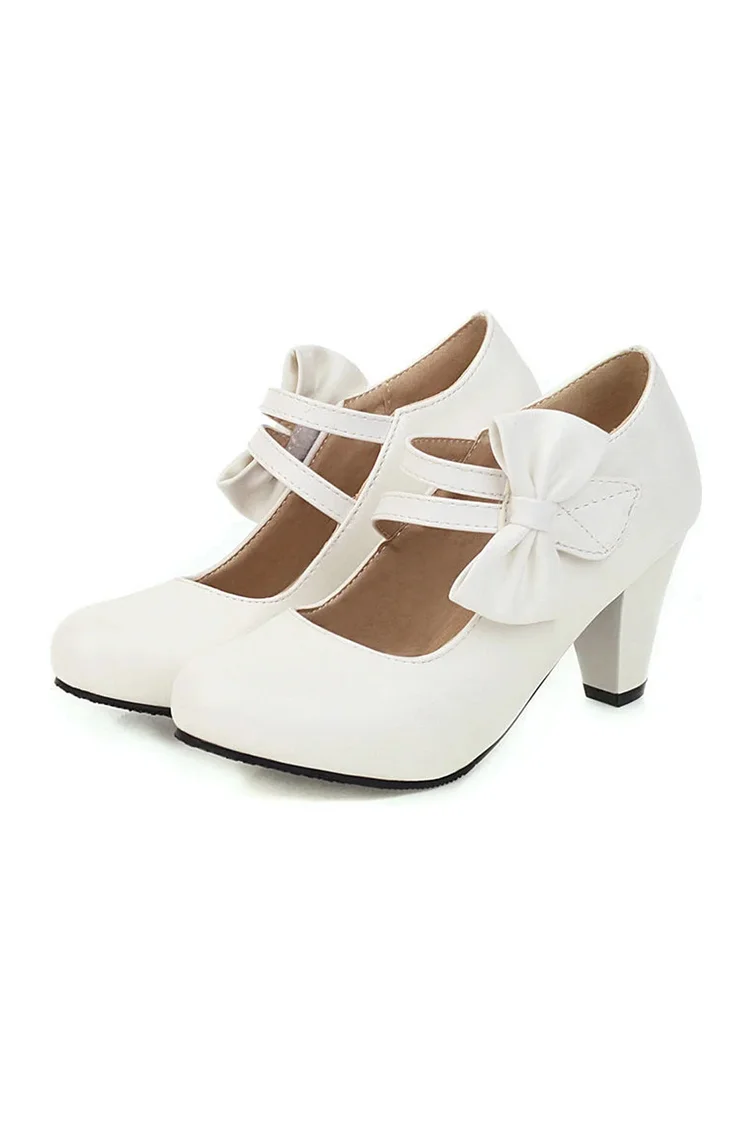 Vintage Solid Bow Chunky Heel Shoes
