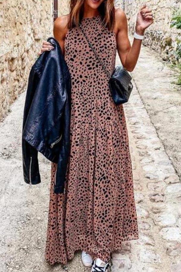 Leopard Print Paneled Elegant Sleeveless Maxi Dress | EGEMISS