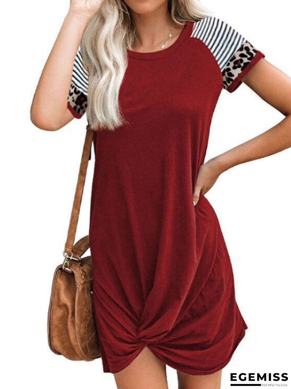 Women's Spring and Summer Raglan Leopard Stitching Short Sleeve T-shirt Dress | EGEMISS