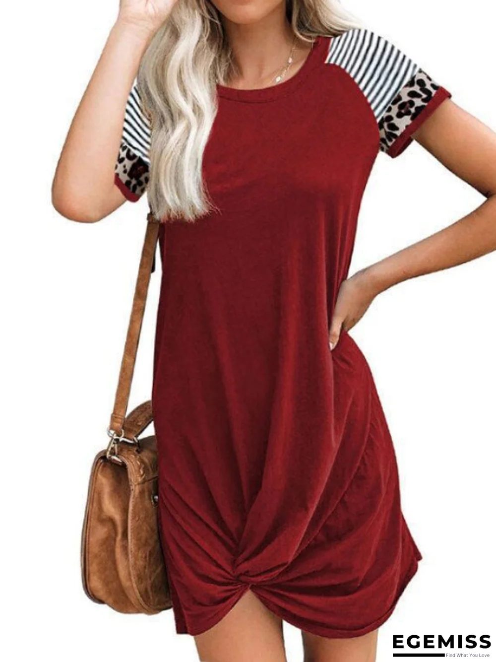 Women's Spring and Summer Raglan Leopard Stitching Short Sleeve T-shirt Dress | EGEMISS