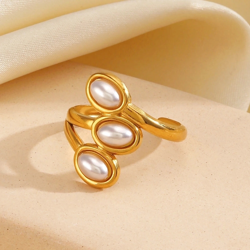 Vintage Style Geometric 304 Stainless Steel Artificial Pearls 18K Gold Plated Inlay Open Rings