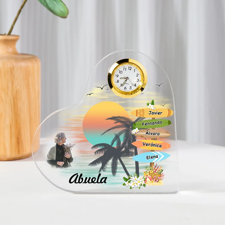 A la familia-Placa acrílica de playa en forma de corazón con un reloj 1 texto, 1 foto y 5 nombres personalizados