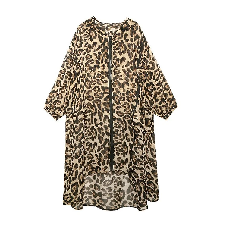 Fashion Hooded Leopard Printed Long Sleeve Zip-up Trenchcoat