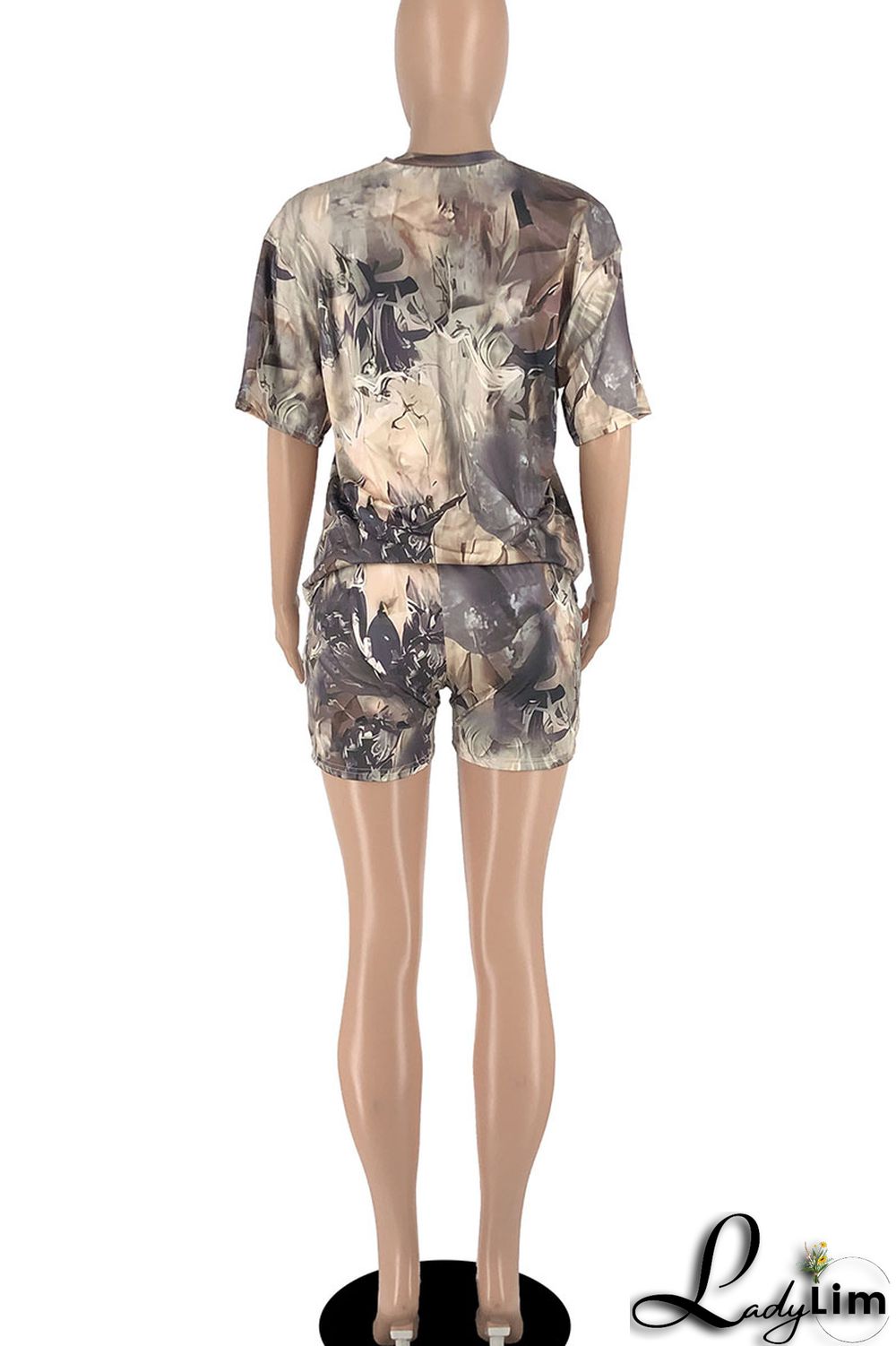 Army Green Casual Print Patchwork O Neck Short Sleeve Two Pieces