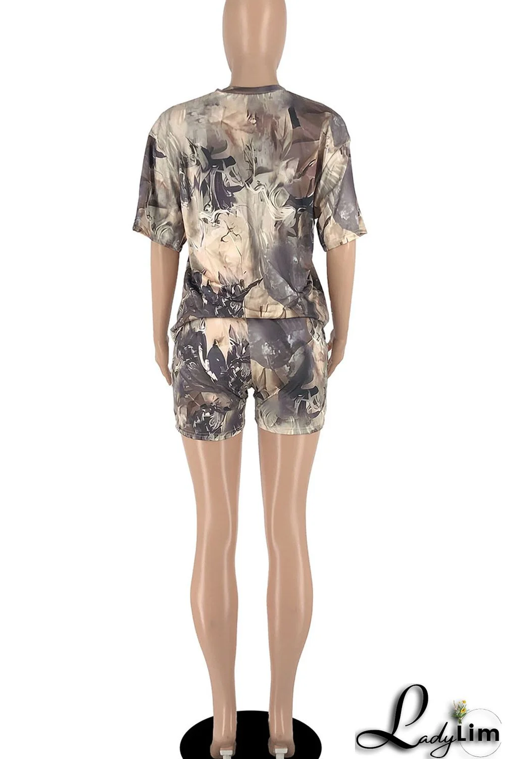 Army Green Casual Print Patchwork O Neck Short Sleeve Two Pieces