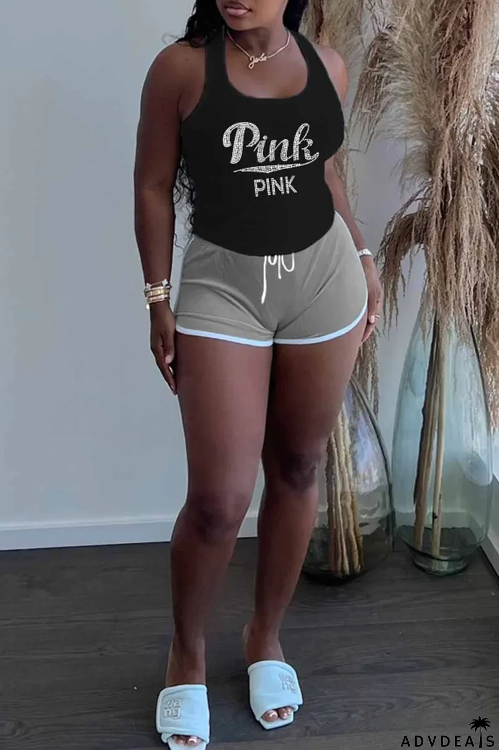 Khaki Casual Letter Hot Drill U Neck Plus Size Two Pieces